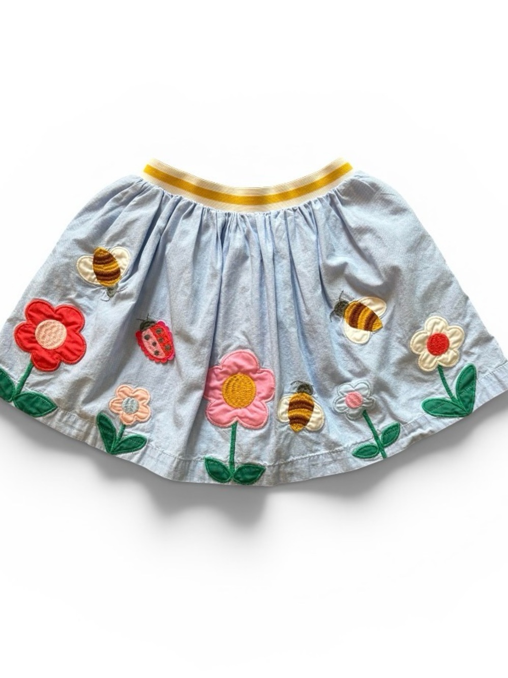 Mini Boden | Blue Gathered Skirt with Flower and Bumblebee Appliqué | 8-9